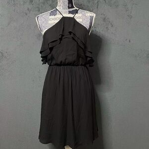 Lush Dress Women M Black High Neck Halter Keyhole Back Ruffle Little Black Dress